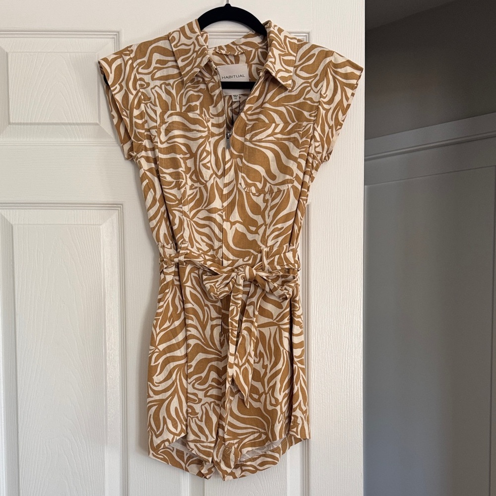 Habitual Tan and Rust Printed Belted Romper